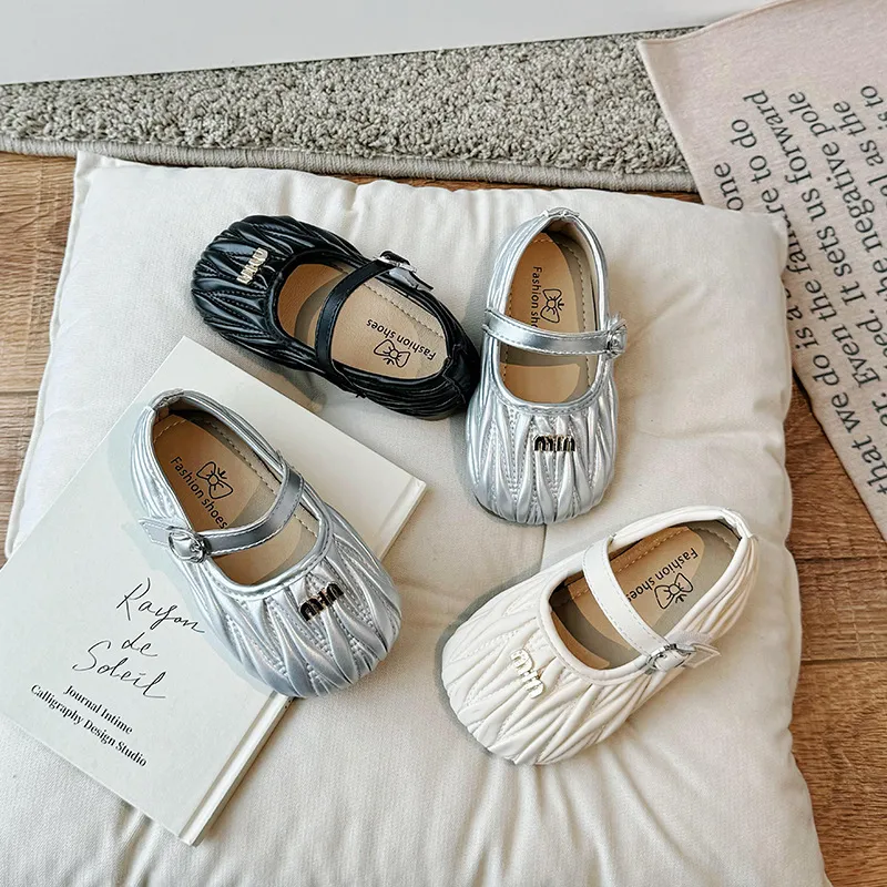 Kids Girls Casual Party Cute Letter Square-Toe Flat Velcro PU Shoes