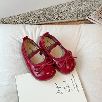 Kids Girls Casual Party Cute Bow Round-Toe Flat Slip On PU Shoes