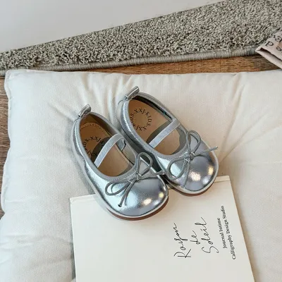 Kids Girls Casual Party Cute Bow Round-Toe Flat Slip On PU Shoes