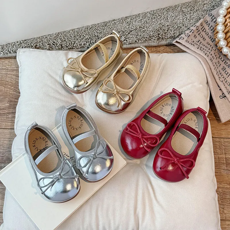 Kids Girls Casual Party Cute Bow Round-Toe Flat Slip On PU Shoes