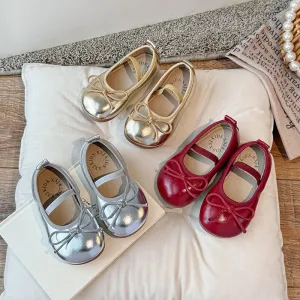 Kids Girls Casual Party Cute Bow Round-Toe Flat Slip On PU Shoes