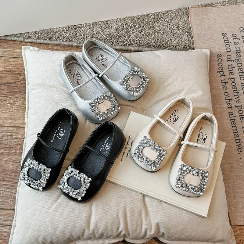 Kids Girls Fashion Casual Square-Toe Rhinestone Ballet Flat Slip On Shoes