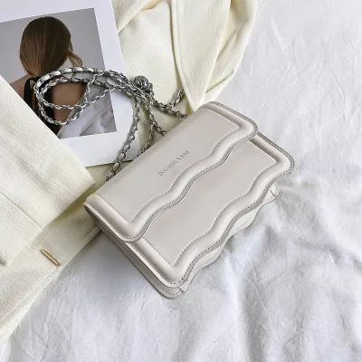 Women Fashionable Simple Solid Color Wave Edge Flap Square Chain Crossbody Bag