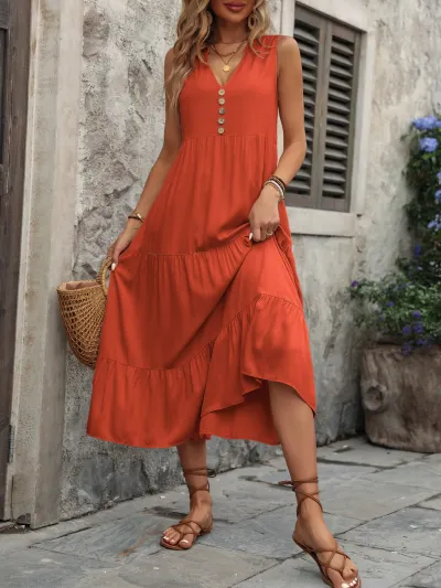 Summer Women Casual Solid Color V-Neck Loose Sleeveless Maxi Dress