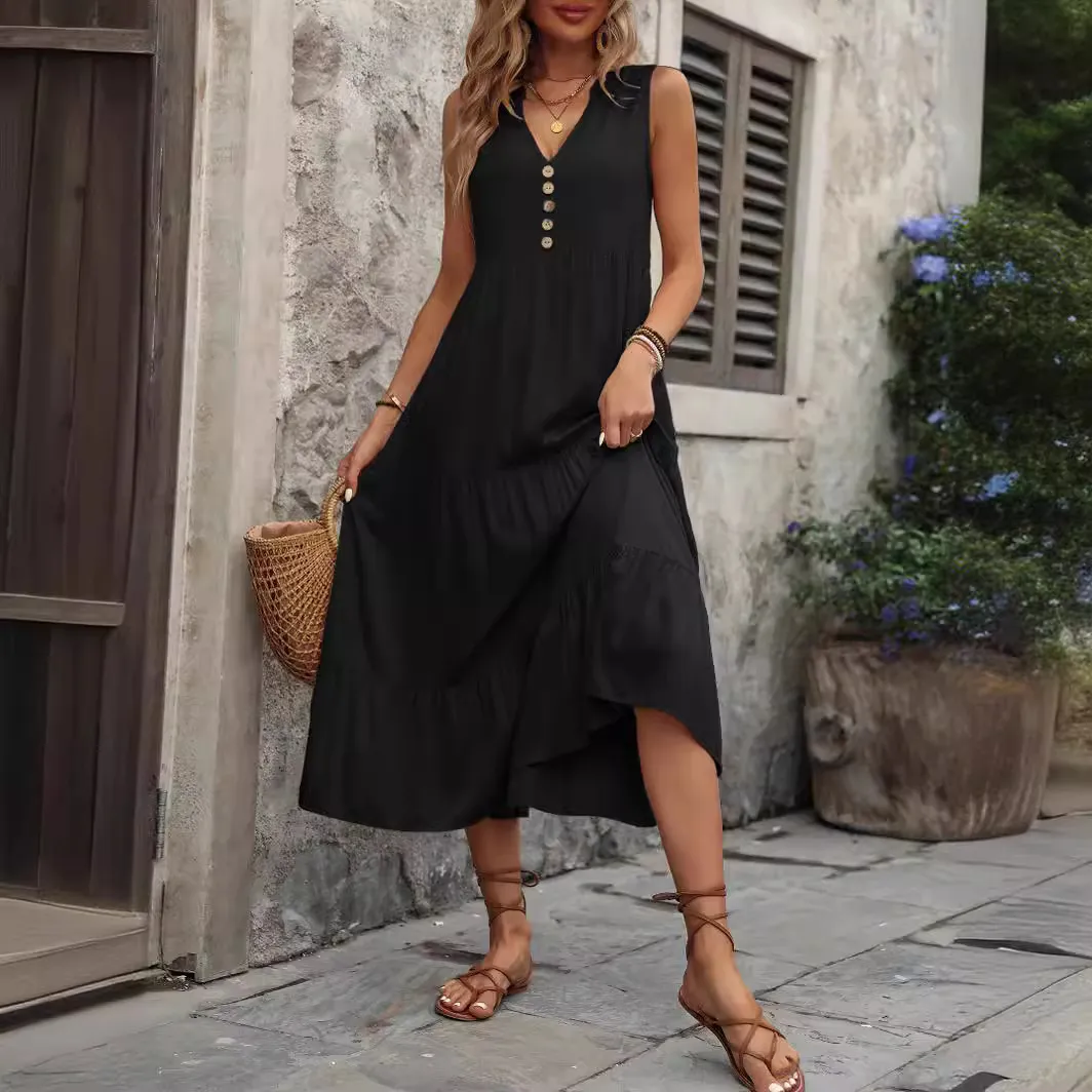 Summer Women Casual Solid Color V-Neck Loose Sleeveless Maxi Dress