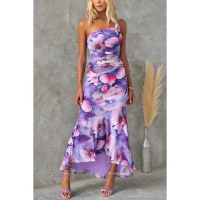Summer Women Floral Printed Oblique Shoulder Maxi Dress