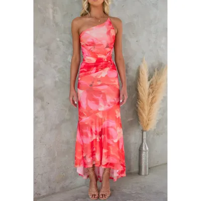 Summer Women Floral Printed Oblique Shoulder Maxi Dress