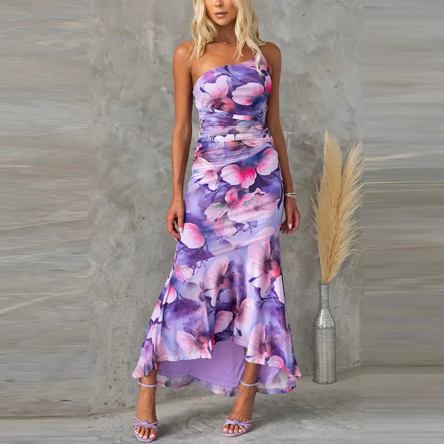 Summer Women Floral Printed Oblique Shoulder Maxi Dress