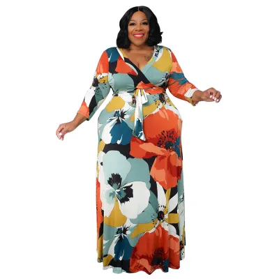 Women Summer Fashion Plus Size V-Neck Lace-Up Floral Printed Dress