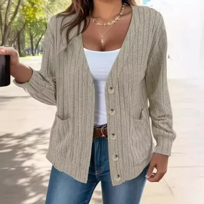Women Plus Size V-Neck Long Sleeve Cardigan Top in Solid Color
