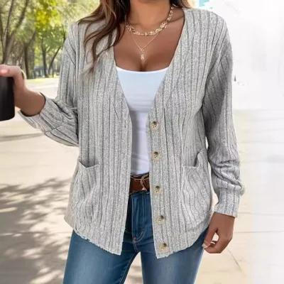 Women Plus Size V-Neck Long Sleeve Cardigan Top in Solid Color