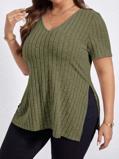 Summer Women Plus Size Solid Color V-Neck Pit Strip Short Sleeve Split Top
