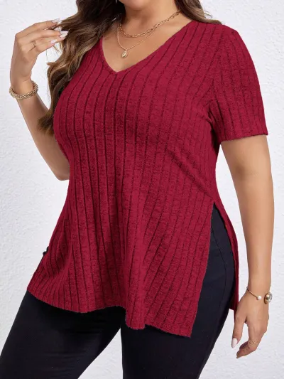 Summer Women Plus Size Solid Color V-Neck Pit Strip Short Sleeve Split Top