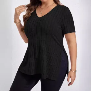 Summer Women Plus Size Solid Color V-Neck Pit Strip Short Sleeve Split Top