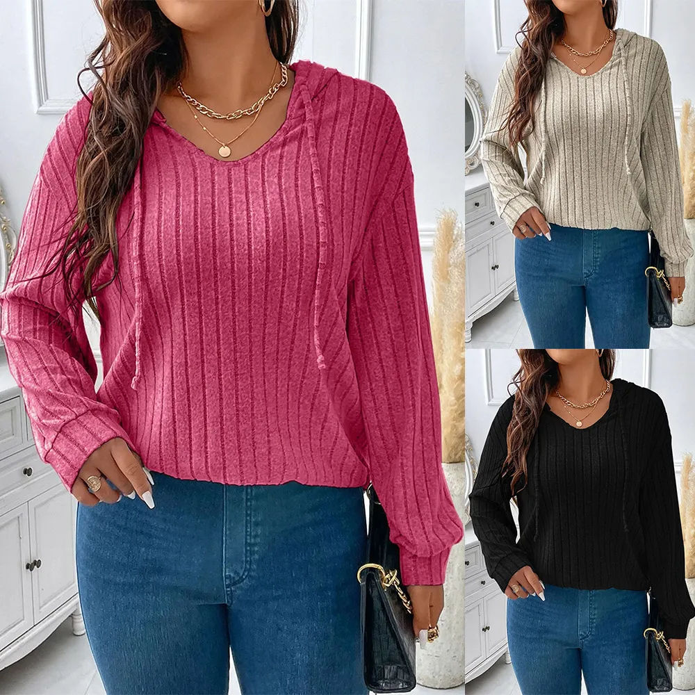 Women Plus Size V-Neck Long Sleeve Pit Strip Hooded Top