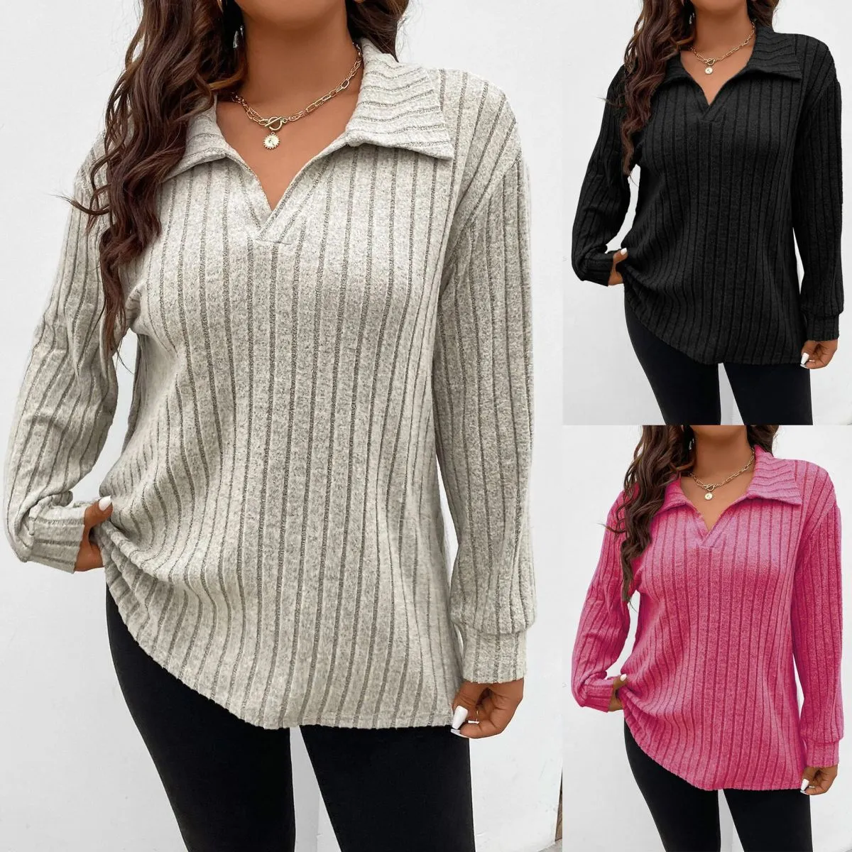Women Fashion Solid Color Plus Size V-Neck Long-Sleeved Pit Strip Pullover Top