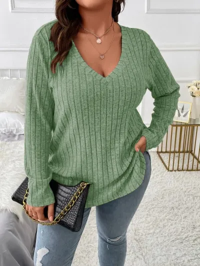 Women Plus Size V-Neck Long Sleeve Pit Scrub Pullover Top