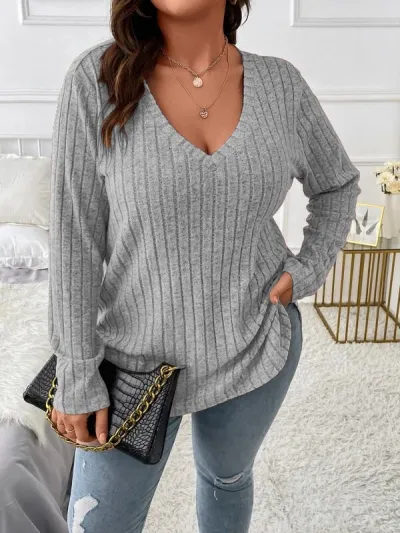 Women Plus Size V-Neck Long Sleeve Pit Scrub Pullover Top
