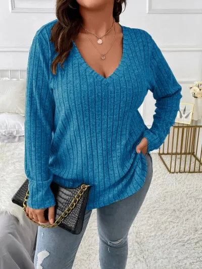 Women Plus Size V-Neck Long Sleeve Pit Scrub Pullover Top