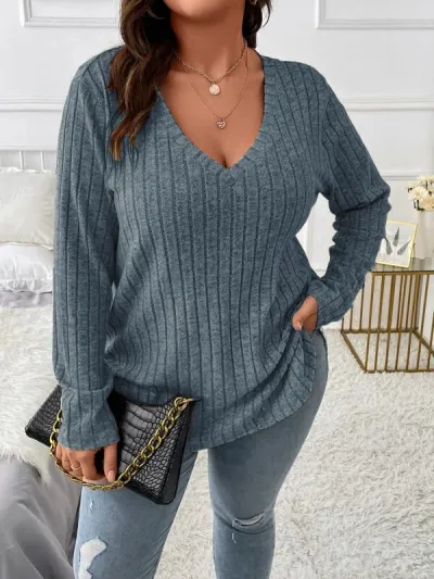 Women Plus Size V-Neck Long Sleeve Pit Scrub Pullover Top