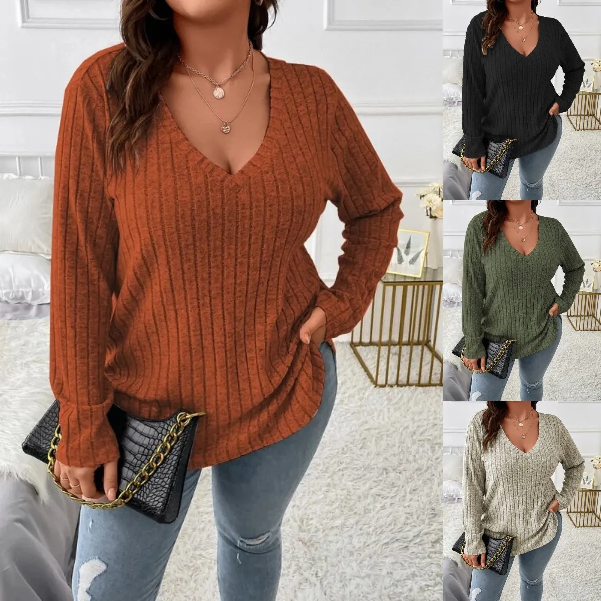 Women Plus Size V-Neck Long Sleeve Pit Scrub Pullover Top
