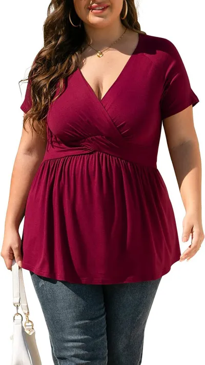 Summer Women Plus Size V-Neck Short Sleeve T-Shirt Top Imitation Cotton