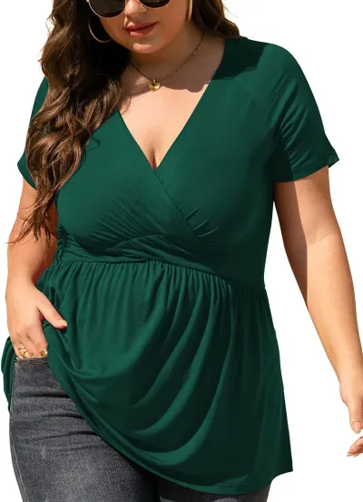 Summer Women Plus Size V-Neck Short Sleeve T-Shirt Top Imitation Cotton