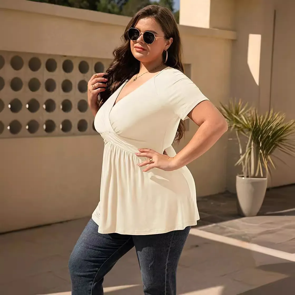 Summer Women Plus Size V-Neck Short Sleeve T-Shirt Top Imitation Cotton