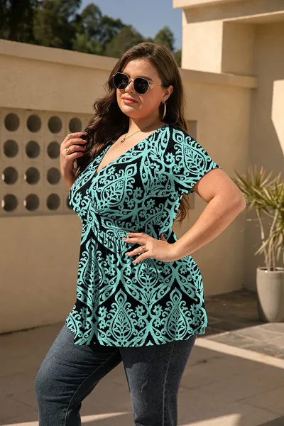 Summer Women Plus Size V-Neck Floral Print Short Sleeve Loose Top