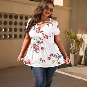 Summer Women Plus Size V-Neck Floral Print Short Sleeve Loose Top