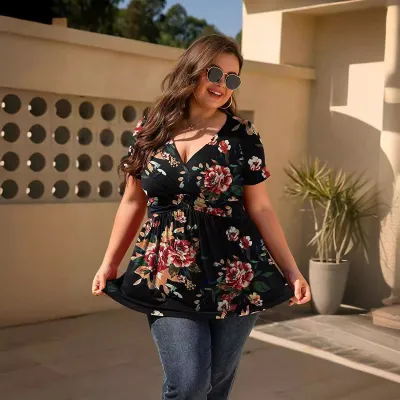 Summer Women Plus Size V-Neck Floral Print Short Sleeve Loose Top