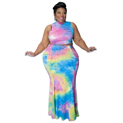 Summer Women Fashion Plus Size Tie-Dye Printed Sleeveless Top Fishtail Skirt Two-Piece Set