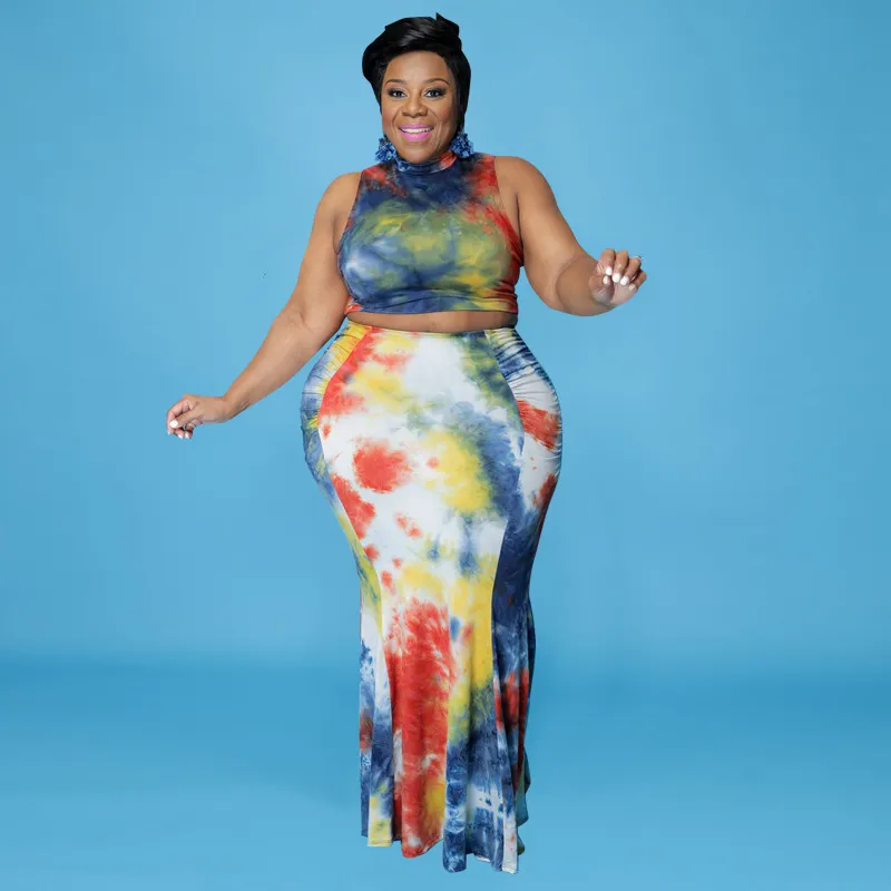 Summer Women Fashion Plus Size Tie-Dye Printed Sleeveless Top Fishtail Skirt Two-Piece Set