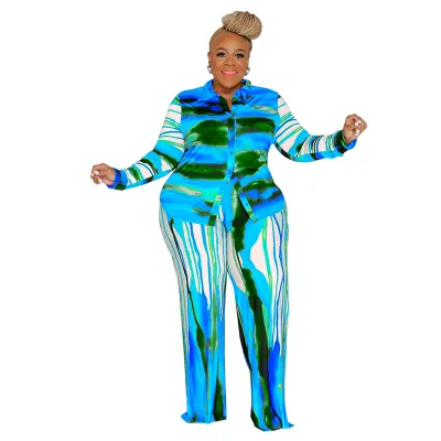 Summer Women Casual Plus Size Graphic Printing Long Sleeve Shirt Top Wide Leg Pants Two-Piece Set