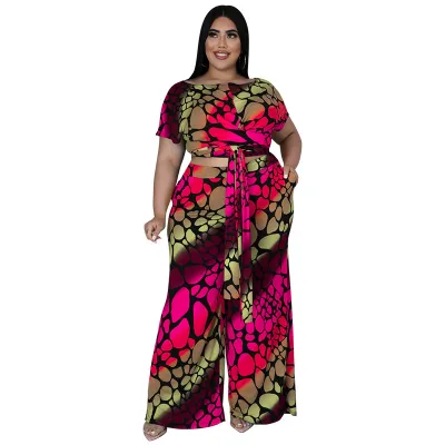 Summer Women Plus Size Graphic Printing Round Neck Short Sleeve Strap Top Wide Leg Pants Two-Piece Set