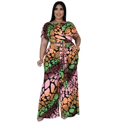 Summer Women Plus Size Graphic Printing Round Neck Short Sleeve Strap Top Wide Leg Pants Two-Piece Set