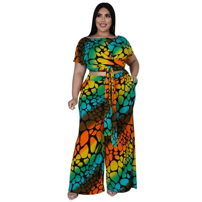 Summer Women Plus Size Graphic Printing Round Neck Short Sleeve Strap Top Wide Leg Pants Two-Piece Set