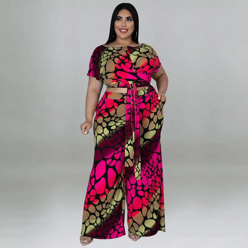 Summer Women Plus Size Graphic Printing Round Neck Short Sleeve Strap Top Wide Leg Pants Two-Piece Set