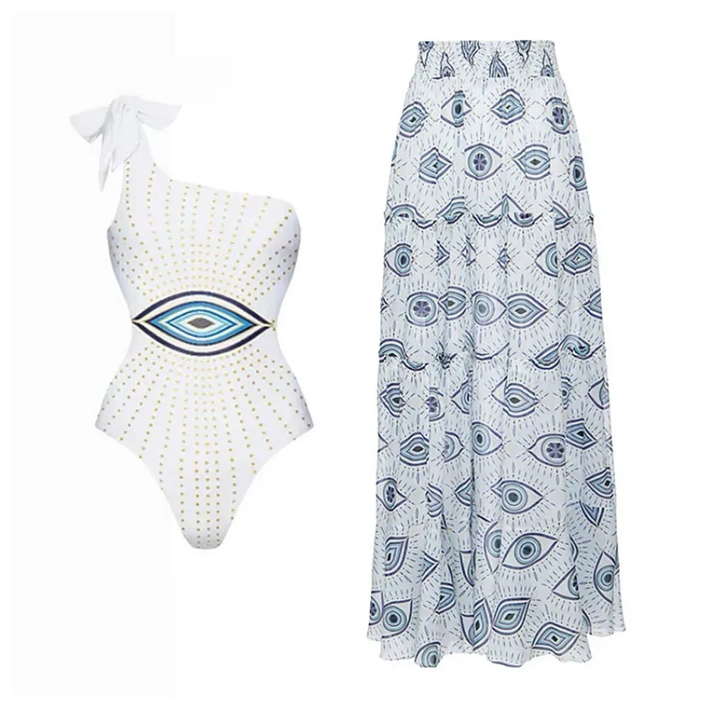 Women Fashion Evil Eye Print One-Piece Swimsuit And Beach Skirt Two-Piece Set