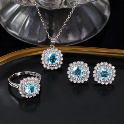 Women Fashion Simple Multicolor Square Rhinestone Necklace Earrings Ring Jewelry Set