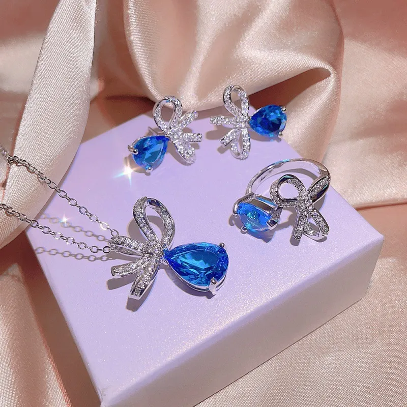 Women Fashion Bow Rhinestone Ring Earrings Necklace Jewelry Set