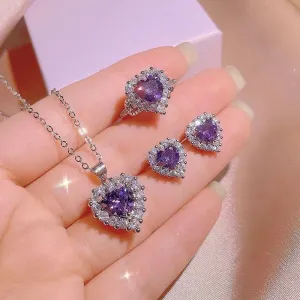 Women Fashion Heart-Shaped Rhinestone Necklace Ring Earrings Jewelry Set
