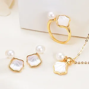 Women Fashion Fan Shell Imitation Pearl Necklace Earrings Ring Jewelry Set
