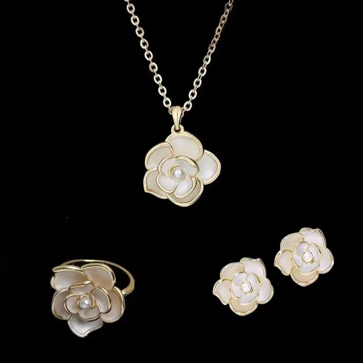 Women Fashion Simple Camellia Necklace Ring Earrings Jewelry Set