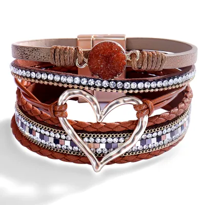Women Fashion Diamond Multi-Layer Leather Magnetic Buckle Bracelet