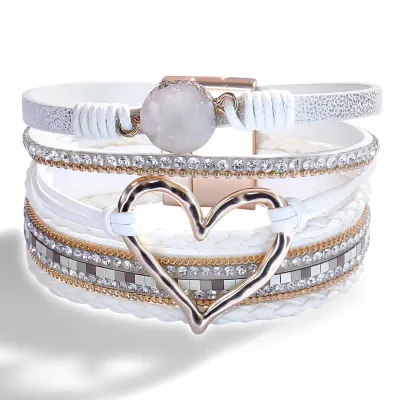 Women Fashion Diamond Multi-Layer Leather Magnetic Buckle Bracelet