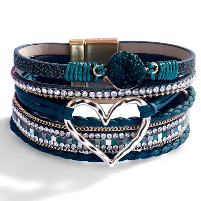Women Fashion Diamond Multi-Layer Leather Magnetic Buckle Bracelet