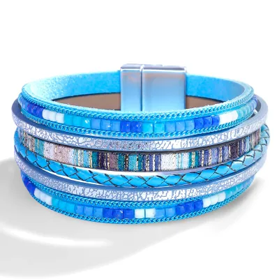Women Fashion Diamond Multi-Layer Leather Magnetic Buckle Bracelet