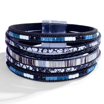 Women Fashion Diamond Multi-Layer Leather Magnetic Buckle Bracelet
