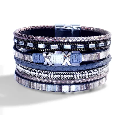 Women Fashion Diamond Multi-Layer Leather Magnetic Buckle Bracelet